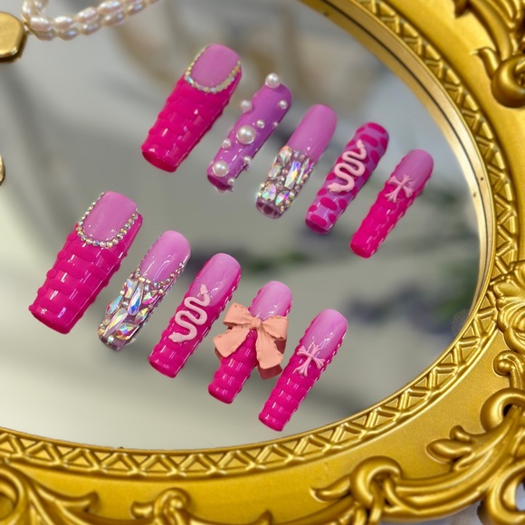 Long Square Pink Handmade Press On Nails - Picture 3 of 10